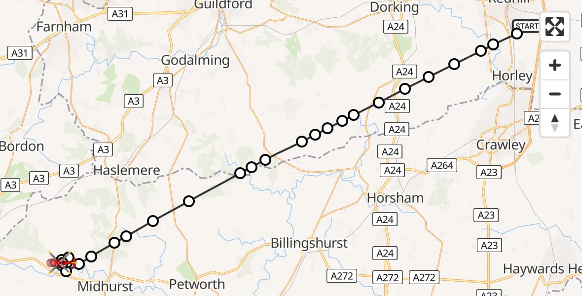 Flight path map showing Air Ambulance Helicopter route from Redhill Aerodrome to Chichester