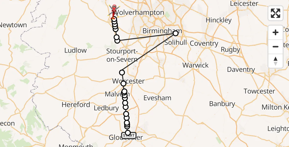 Flight path map showing Air Ambulance Helicopter route from Gloucester to Sutton Maddock