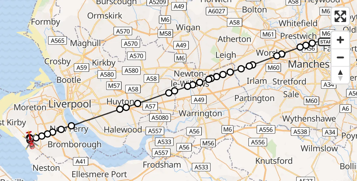 Flight path map showing Air Ambulance Helicopter route from Manchester to Irby