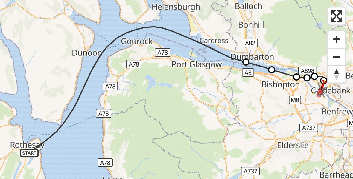 Flight path map showing Air Ambulance Helicopter route from Inner Seas to Clydebank