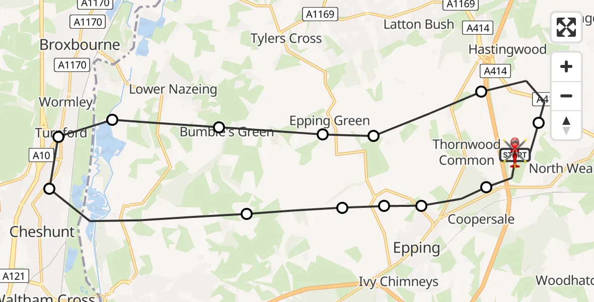 Flight path map showing Air Ambulance Helicopter route from North Weald Airfield to North Weald Airfield