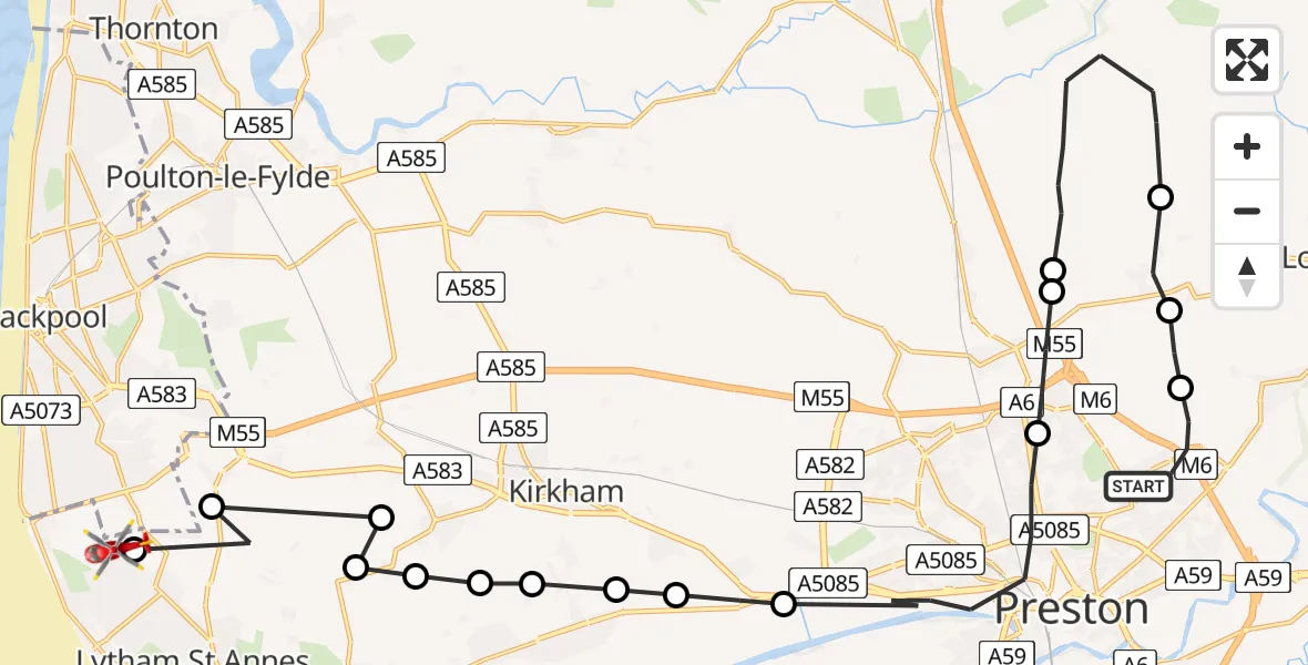 Flight path map showing Air Ambulance Helicopter route from Preston to Blackpool Airport