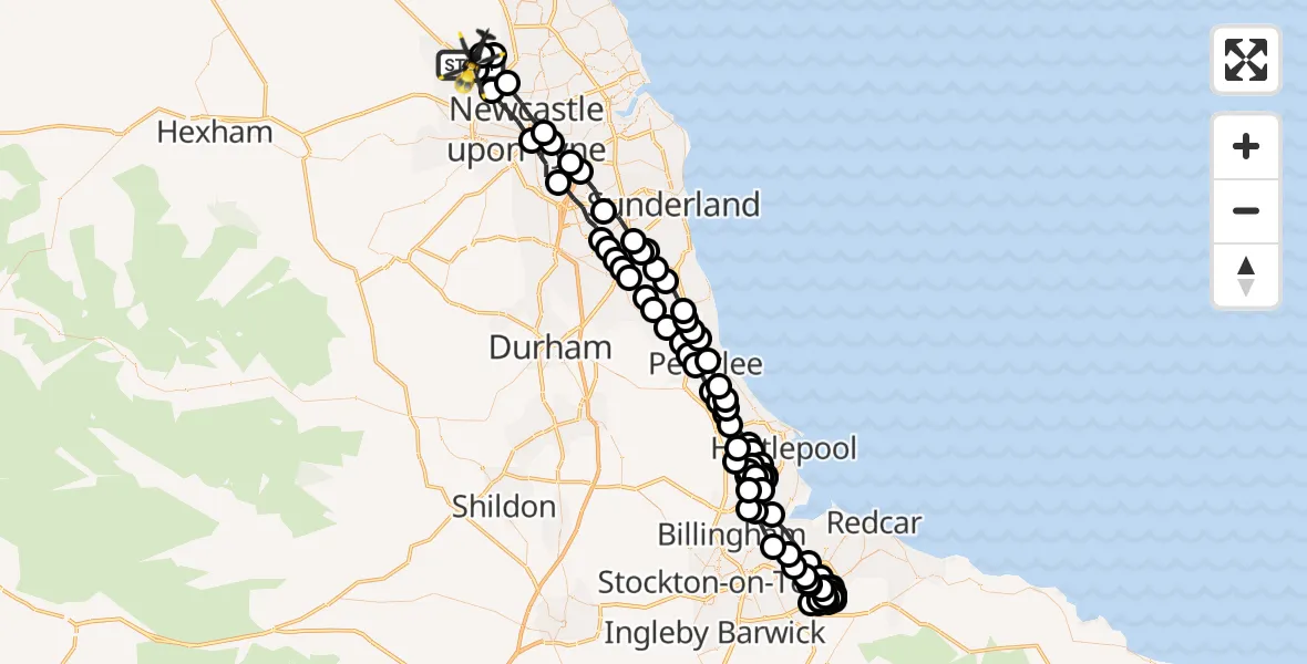 Flight path map showing Police Helicopter route from Newcastle International Airport to Newcastle International Airport