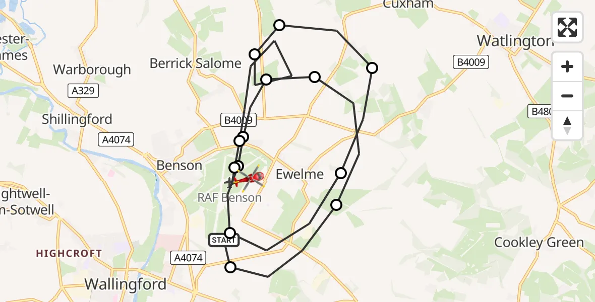 Flight path map showing Air Ambulance Helicopter route from RAF Benson to RAF Benson
