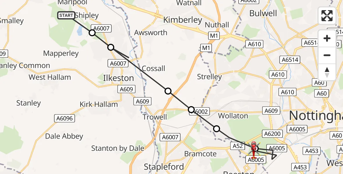 Flight path map showing Air Ambulance Helicopter route from Shipley to City of Nottingham