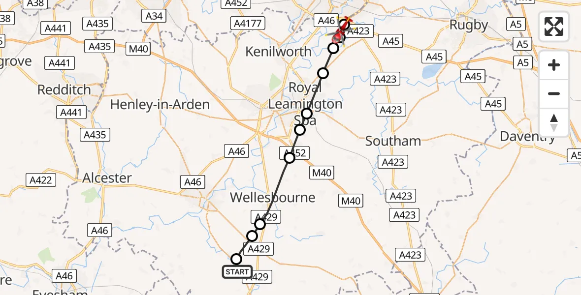 Flight path map showing Air Ambulance Helicopter route from Tredington CP to Coventry Airport