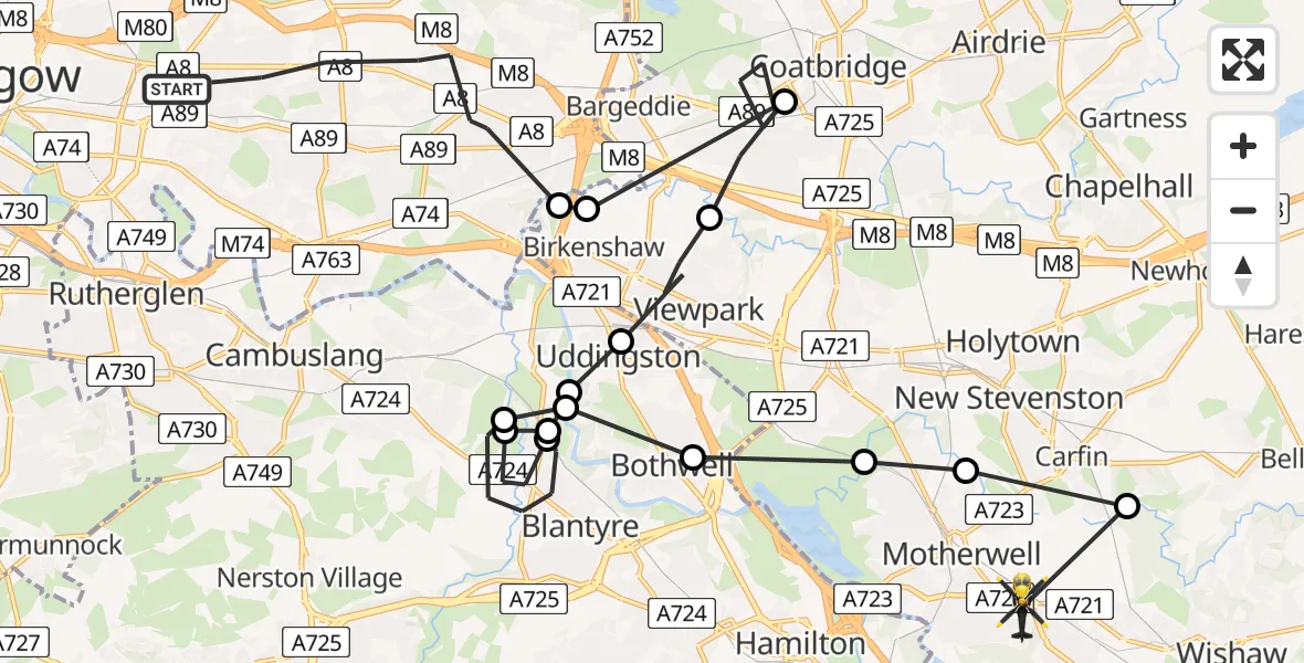 Flight path map showing Police Helicopter route from Glasgow to Motherwell