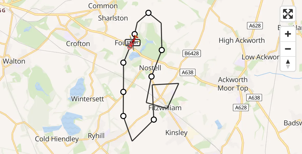 Flight path map showing Air Ambulance Helicopter route from YAA Nostell Helicopter Port to YAA Nostell Helicopter Port