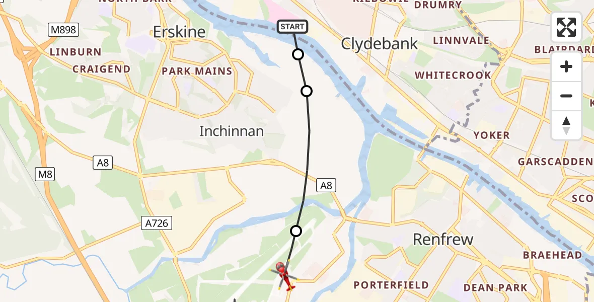 Flight path map showing Air Ambulance Helicopter route from Golden Jubilee Hospital to Glasgow Airport