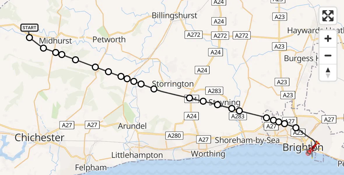 Flight path map showing Air Ambulance Helicopter route from Chichester to Brighton