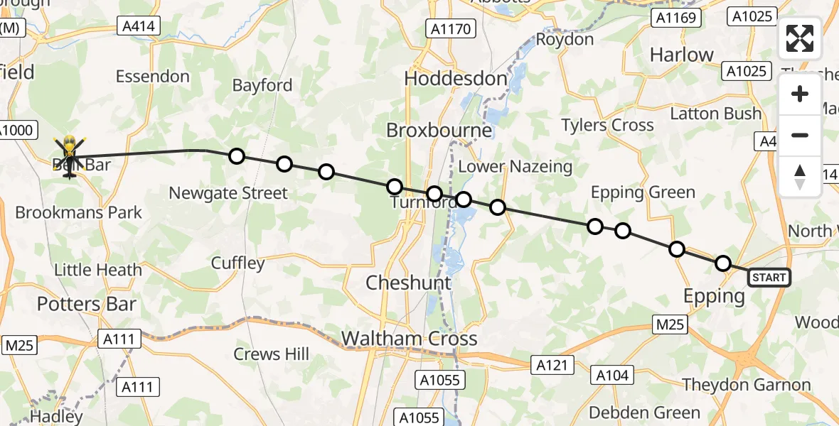 Flight path map showing Police Helicopter route from Coopersale to Bell Bar