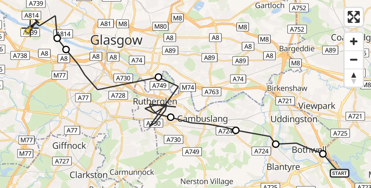 Flight path map showing Police Helicopter route from Hamilton to Glasgow