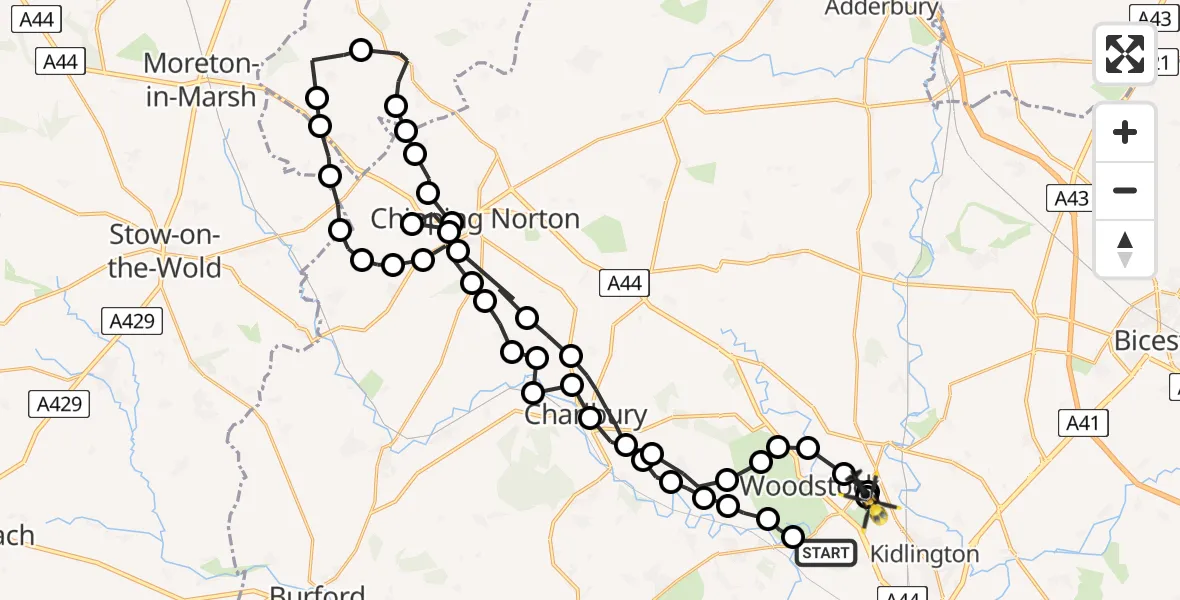 Flight path map showing Police Helicopter route from Bladon to London Oxford Airport