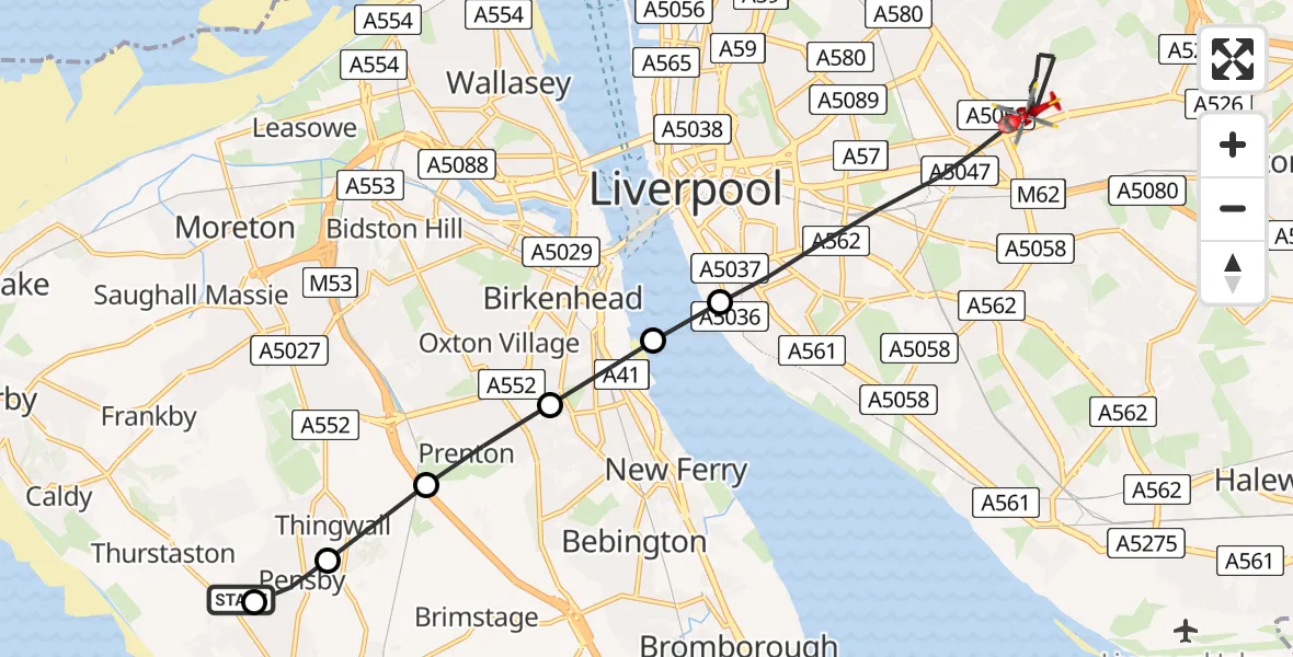 Flight path map showing Air Ambulance Helicopter route from Irby to Liverpool