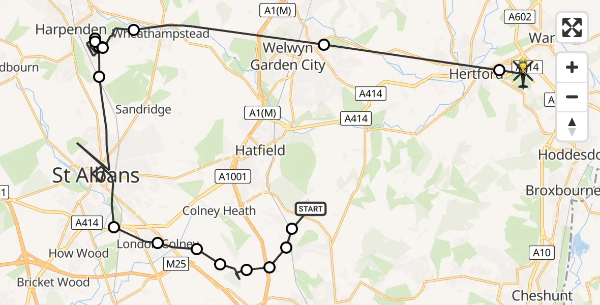 Flight path map showing Police Helicopter route from Bell Bar to Little Amwell