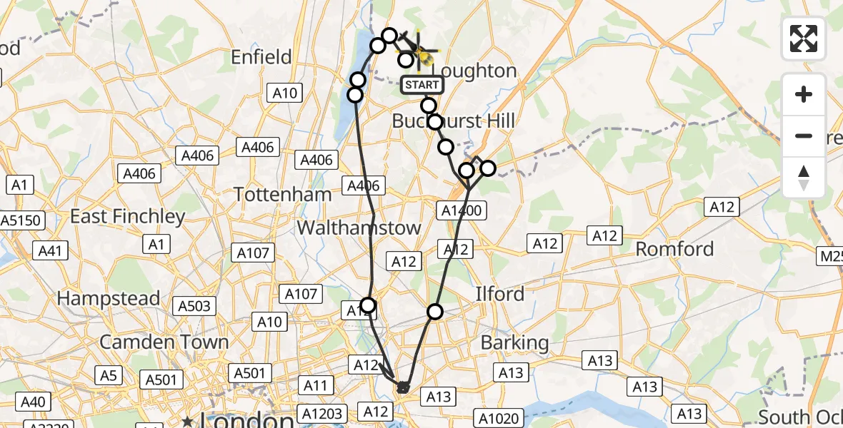 Flight path map showing Police Helicopter route from London Borough of Waltham Forest to Metropolitan Police Air Support Unit Lippitts Hill