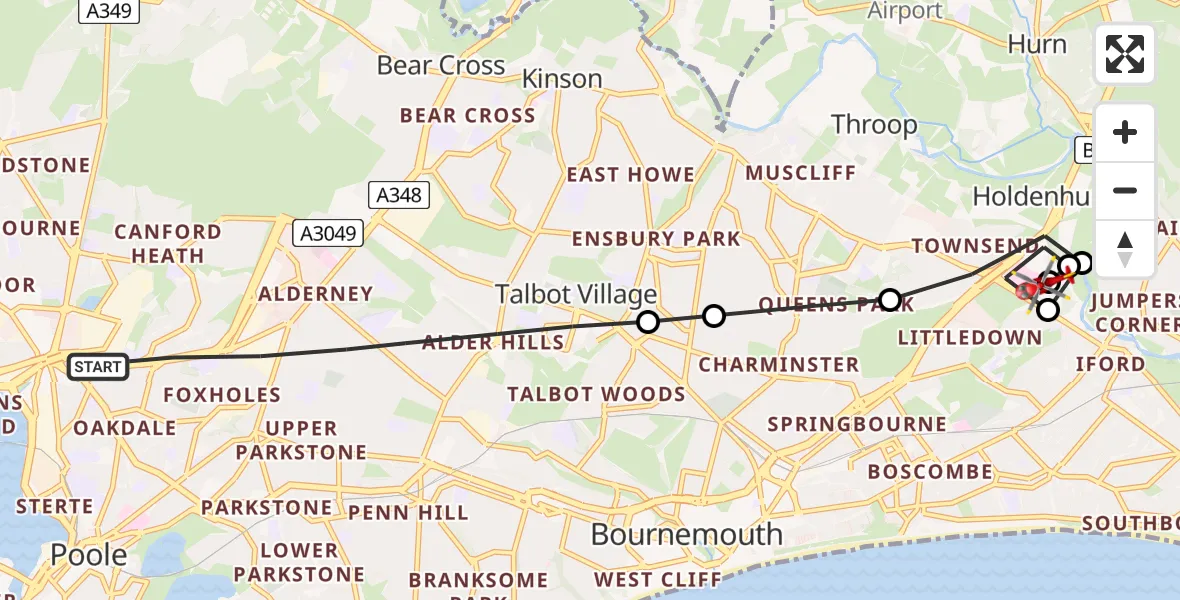Flight path map showing Air Ambulance Helicopter route from Poole to Royal Bournemouth Hospital