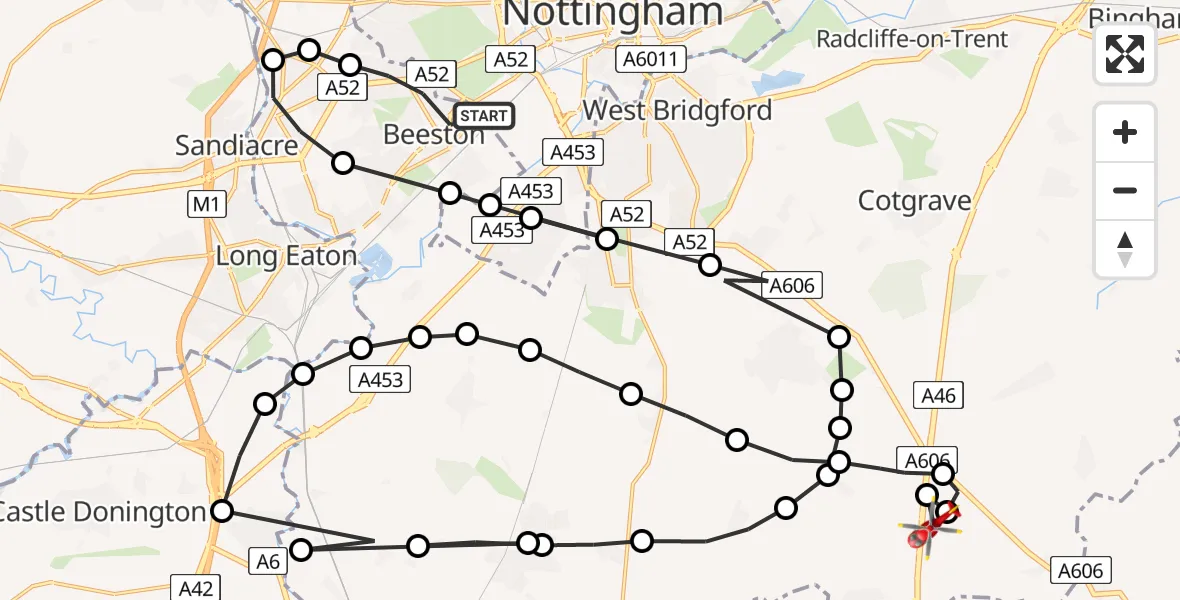 Flight path map showing Air Ambulance Helicopter route from Beeston to Nottingham Heliport