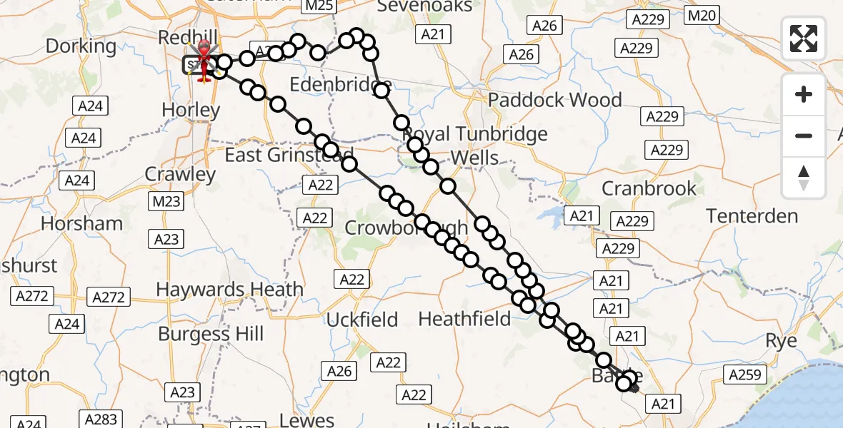 Flight path map showing Air Ambulance Helicopter route from Redhill Aerodrome to Redhill Aerodrome