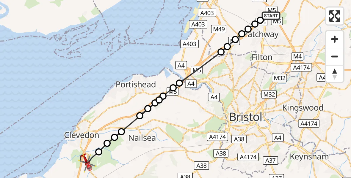 Flight path map showing Air Ambulance Helicopter route from Almondsbury Helicopter Base to Kenn