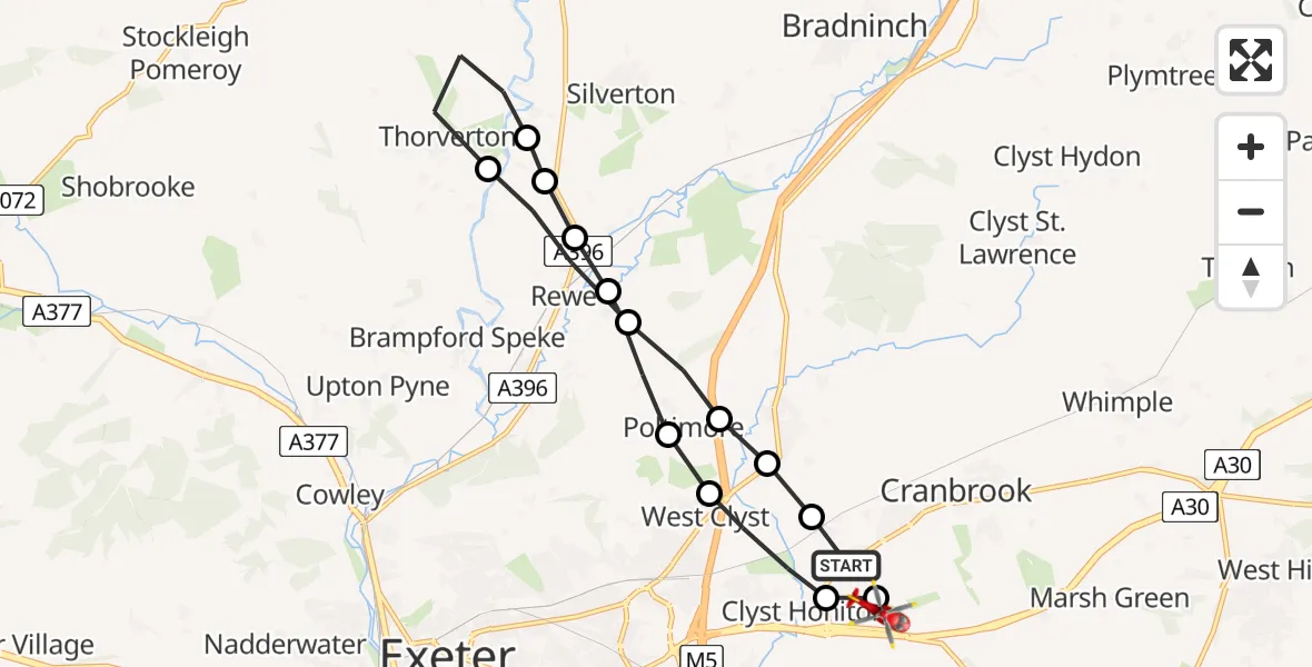 Flight path map showing Air Ambulance Helicopter route from Exeter International Airport to Exeter International Airport