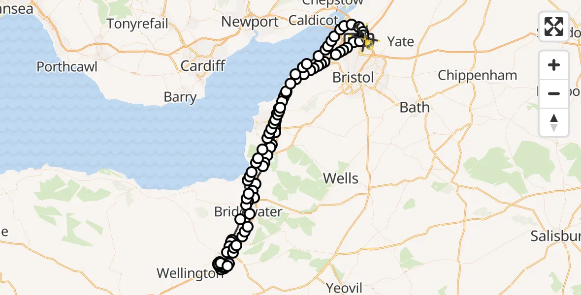Flight path map showing Police Helicopter route from Almondsbury to Almondsbury Helicopter Base