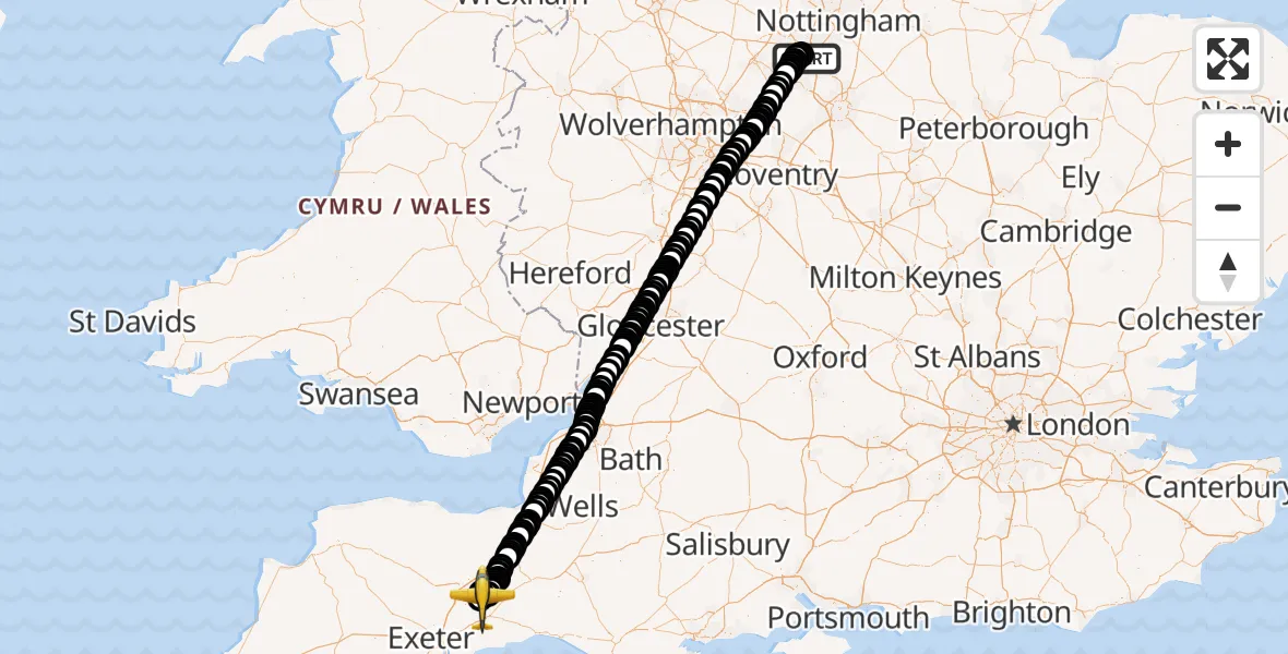 Flight path map showing Police Aircraft route from East Midlands Airport to Dunkeswell Airfield