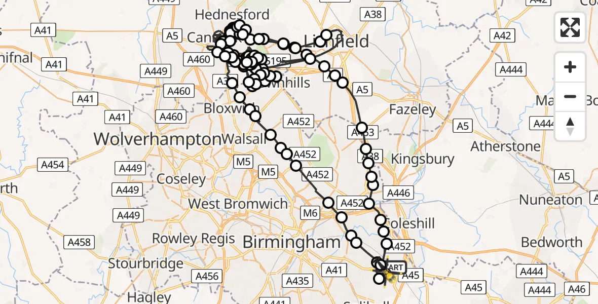 Flight route Police Helicopter Birmingham Airport - Birmingham Airport, 17 March 2026, 14:43