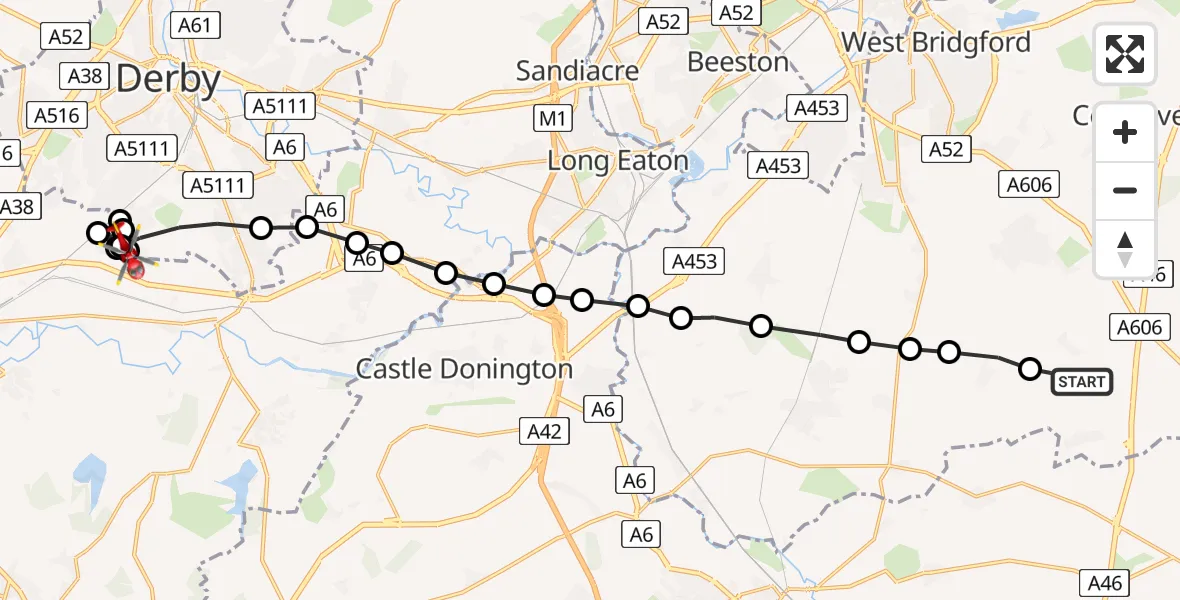 Flight path map showing Air Ambulance Helicopter route from Widmerpool to South Derbyshire
