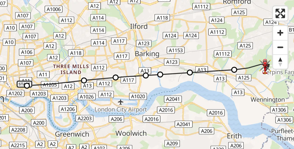 Flight path map showing Air Ambulance Helicopter route from Royal London Hospital to London Borough of Havering