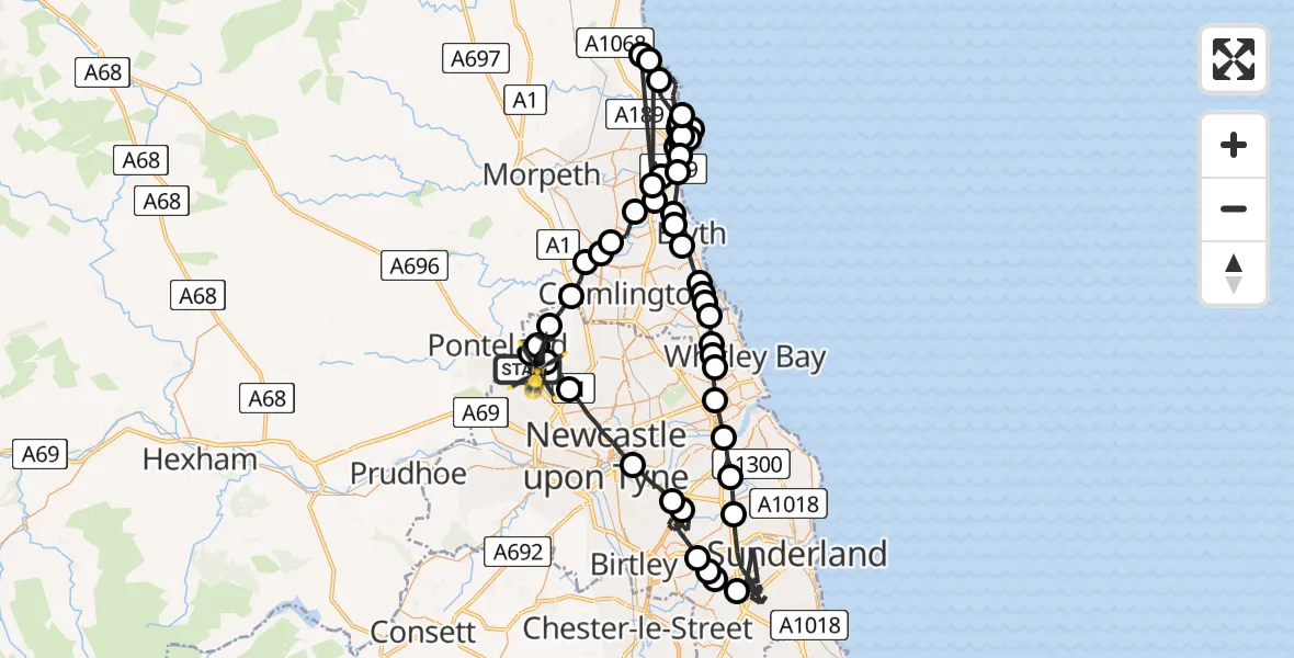 Flight path map showing Police Helicopter route from Newcastle International Airport to Newcastle International Airport
