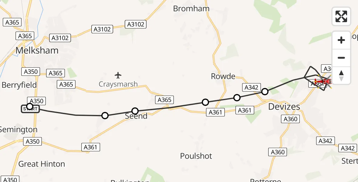 Flight path map showing Air Ambulance Helicopter route from Wiltshire Air Ambulance to Devizes