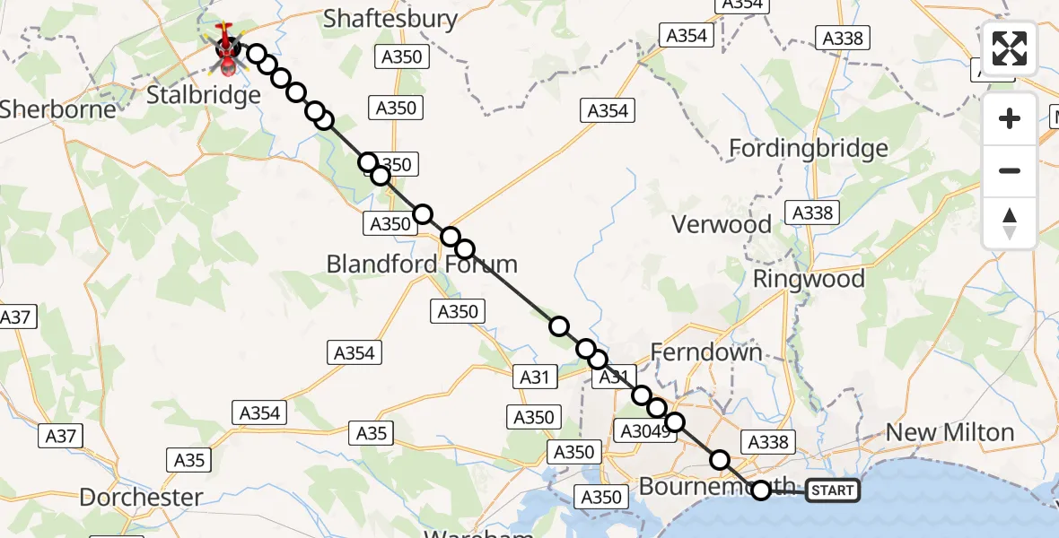 Flight path map showing Air Ambulance Helicopter route from Wick to Henstridge Airfield