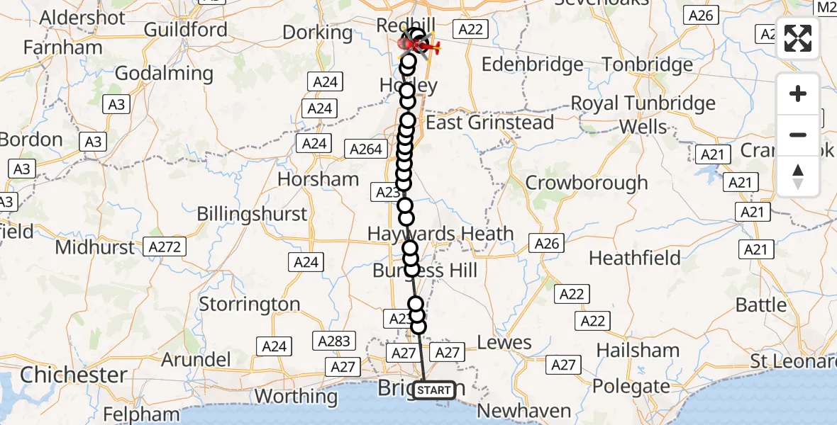 Flight path map showing Air Ambulance Helicopter route from Brighton to Redhill Aerodrome