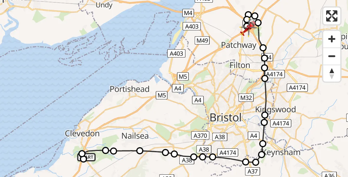 Routekaart van de vlucht: Air Ambulance Helicopter to Almondsbury Helicopter Base