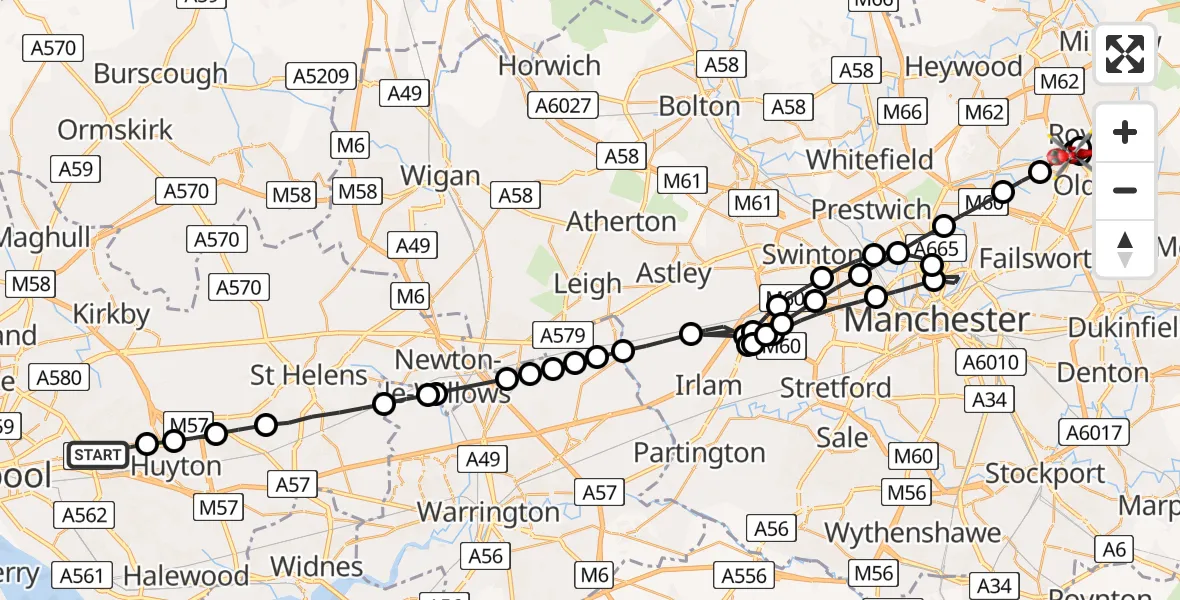 Flight path map showing Air Ambulance Helicopter route from Liverpool to Royton
