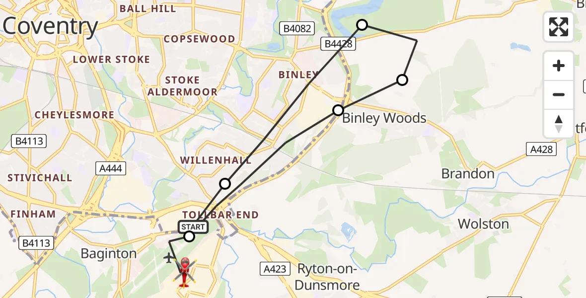 Flight path map showing Air Ambulance Helicopter route from Coventry Airport to Coventry Airport