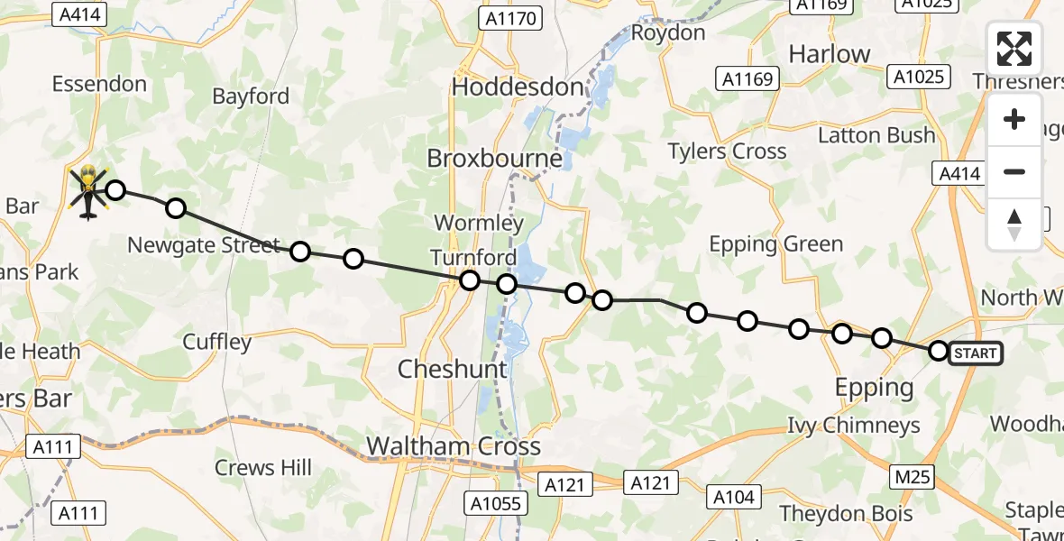 Flight path map showing Police Helicopter route from Coopersale to Welwyn Hatfield