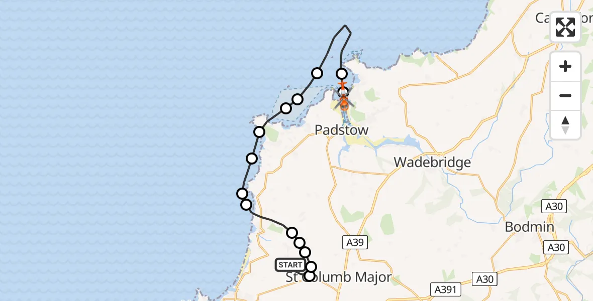 Flight path map showing Coastguard Helicopter route from Cornwall Airport Newquay to Trebetherick