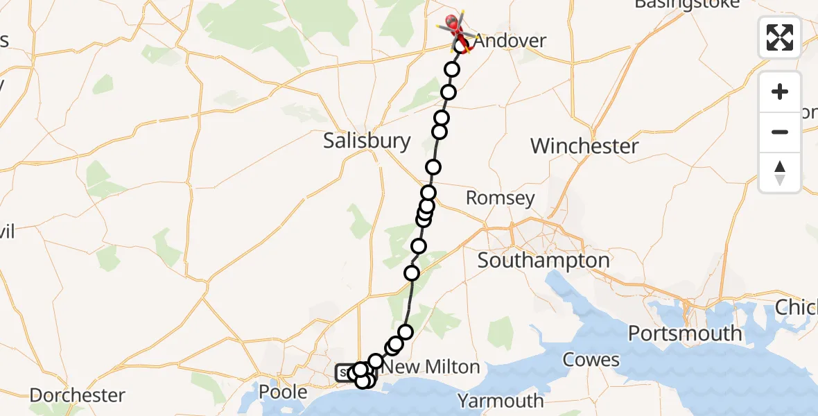 Flight path map showing Air Ambulance Helicopter route from Royal Bournemouth Hospital to Thruxton