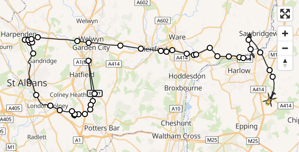 Flight path map showing Police Helicopter route from Bell Bar to North Weald Bassett