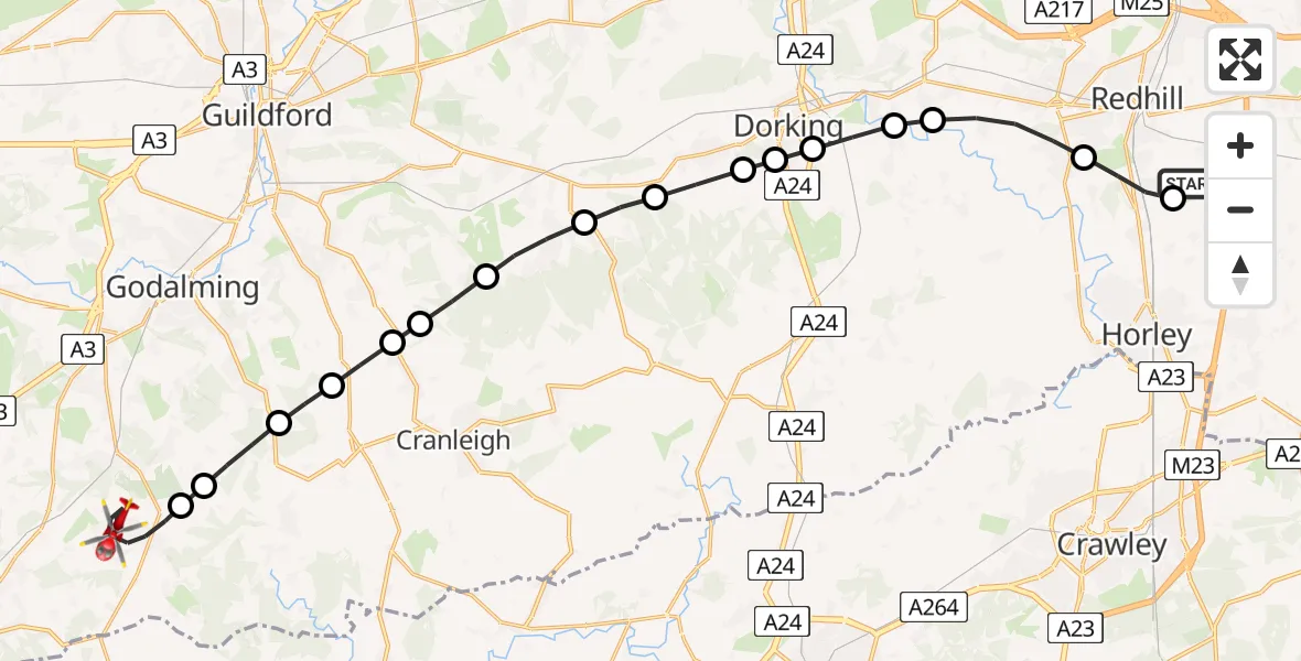 Flight path map showing Air Ambulance Helicopter route from Redhill Aerodrome to Chiddingfold