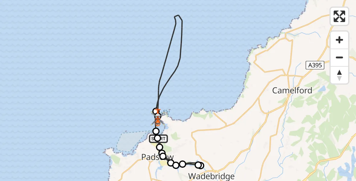 Flight path map showing Coastguard Helicopter route from Trebetherick to New Polzeath