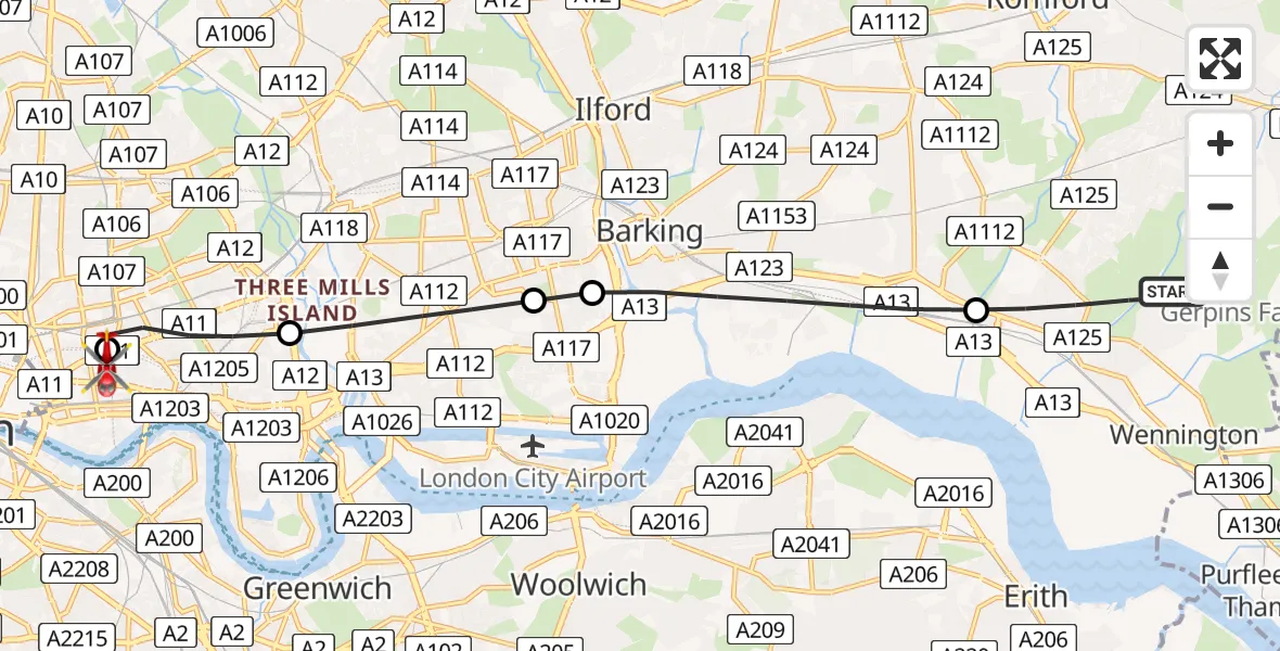 Flight path map showing Air Ambulance Helicopter route from London Borough of Havering to Royal London Hospital