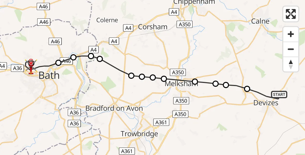 Flight path map showing Air Ambulance Helicopter route from Devizes to Royal United Hospital Bath