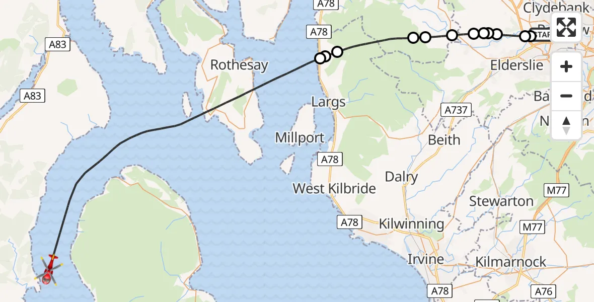 Flight path map showing Air Ambulance Helicopter route from Glasgow Airport to Inner Seas