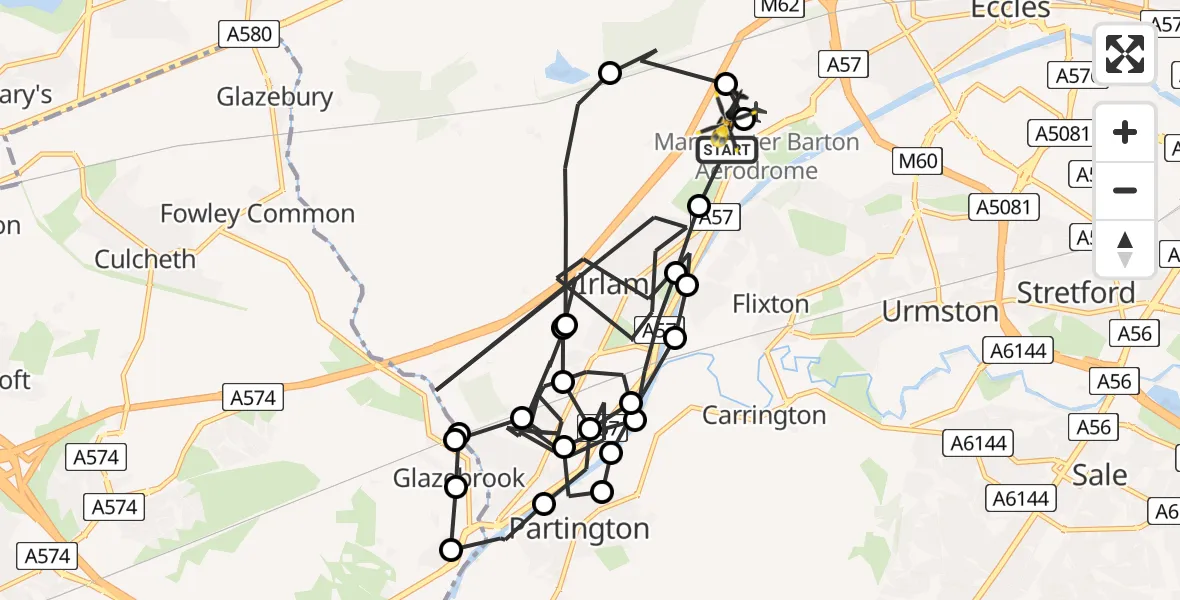 Flight path map showing Police Helicopter route from Manchester Barton Aerodrome to Manchester Barton Aerodrome