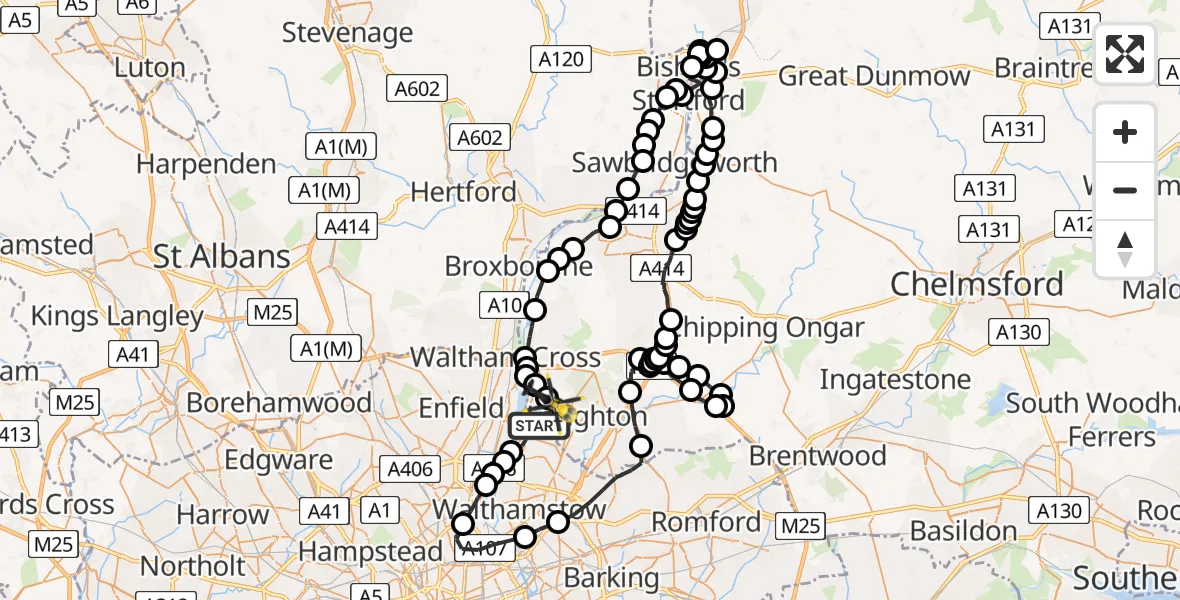 Flight path map showing Police Helicopter route from London Borough of Waltham Forest to Sewardstonebury