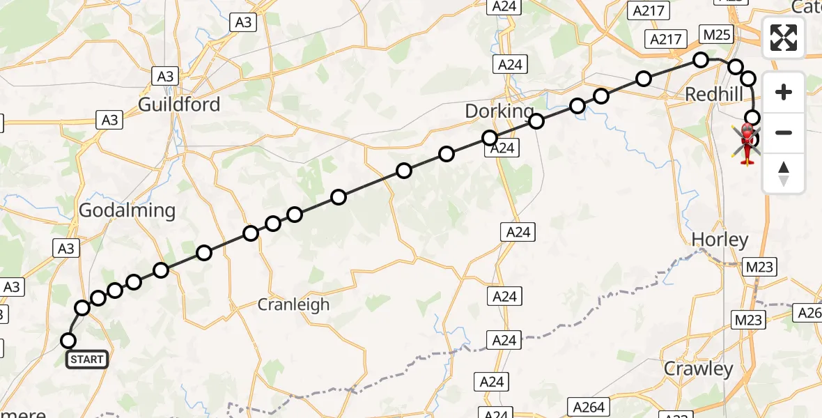 Flight path map showing Air Ambulance Helicopter route from Chiddingfold to Redhill Aerodrome