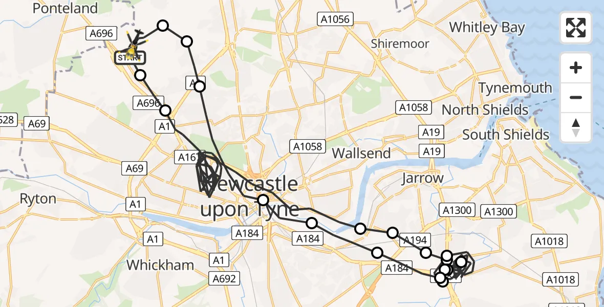 Flight path map showing Police Helicopter route from Newcastle International Airport to Newcastle International Airport